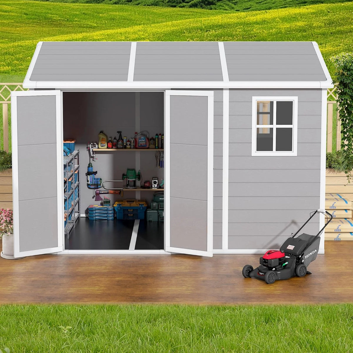 9 x 5.8 FT Outdoor Storage Shed, Linor Resin Shed with Floor, Window, and Vents, Weather-Resistant Garden Shed for Garden Tool Outside Sheds, Bike Shed, Backyard Shed