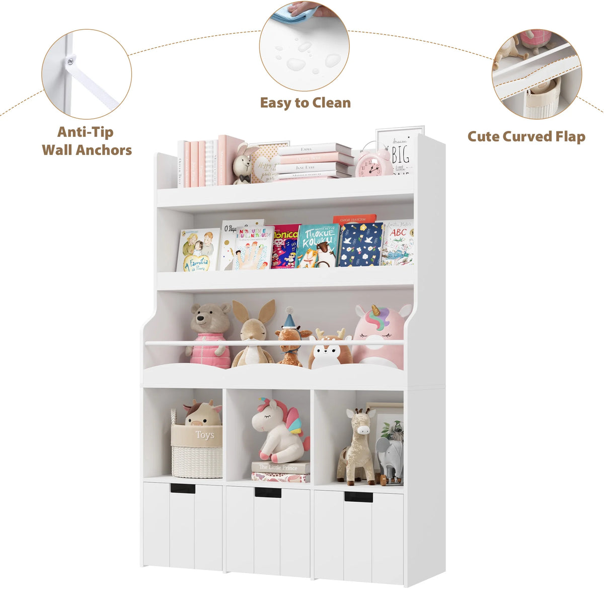 Homfa 55.5 H Kids Bookshelf with 2-Tier Book Shelves, Children Toy Organizer with 3 Cubes and Removable Drawers, White