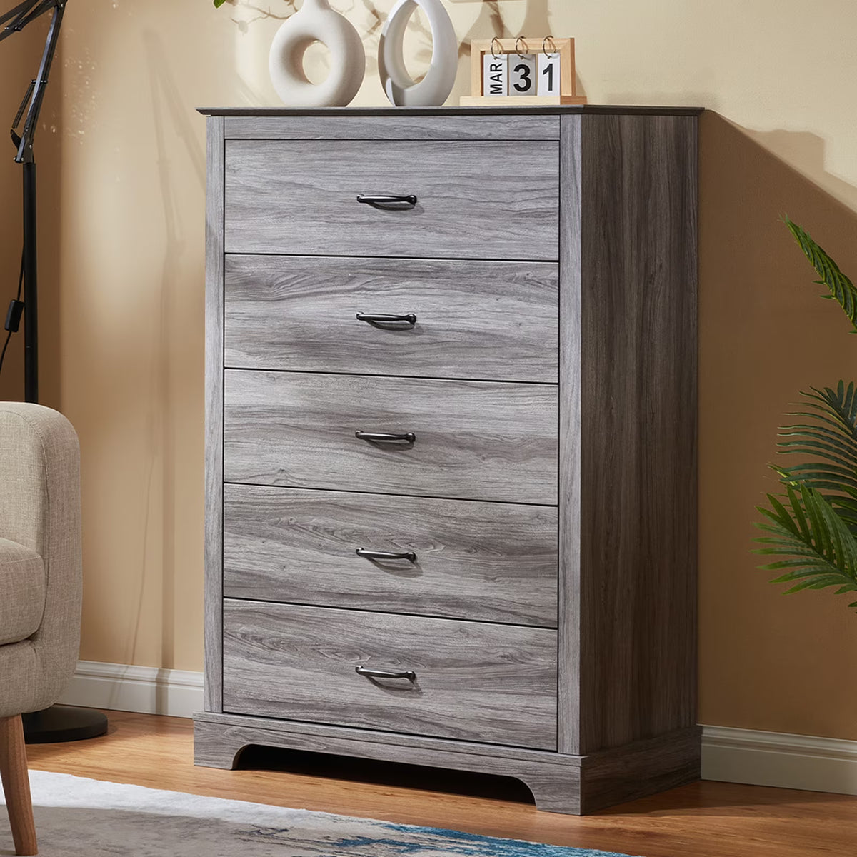 CHITOOMA 5 Drawer Dressers for Bedroom, Adult Tall Wooden Chest of Drawers, Storage Cabine for Living Room Entryway, Gray