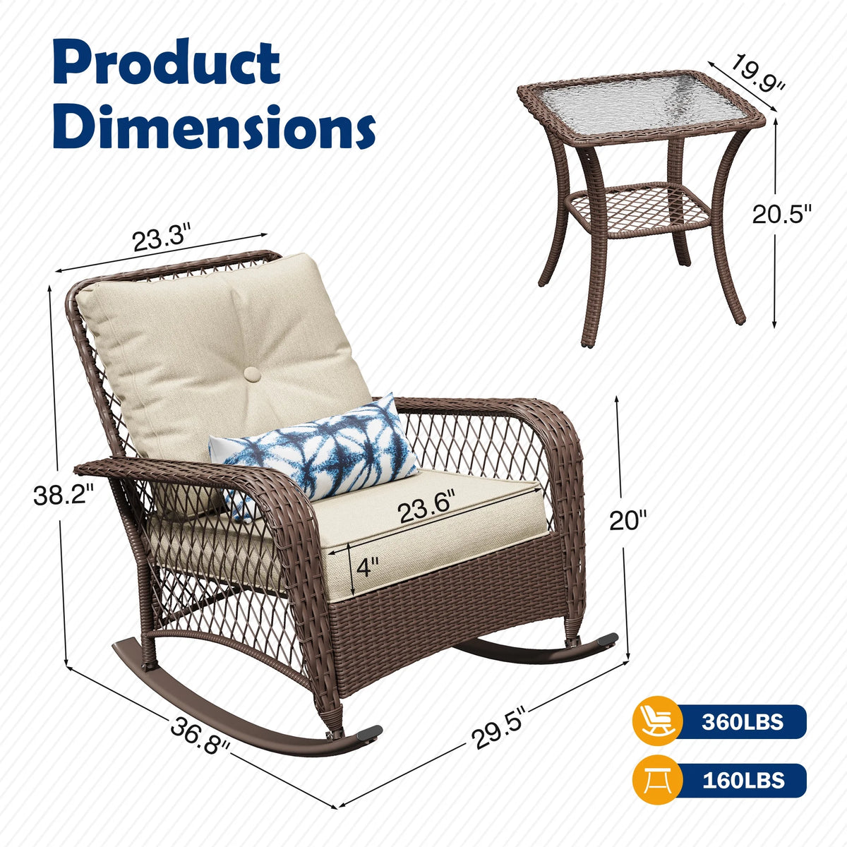 ELPOSUN 3-Piece Outdoor Rocking Chairs, Wicker Patio Furniture with Thickened Cushions and Table for Porch