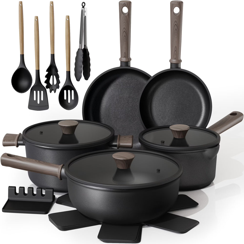 Astercook 18-Piece Pots and Pans Set, Nonstick Cookware Set with Elegant Wooden Handle, Oven Safe to 480F, Induction Compatible, Kitchen Cooking Set for RV Trips, Camping and Picnic, Black