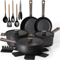 Astercook 18-Piece Pots and Pans Set, Nonstick Cookware Set with Elegant Wooden Handle, Oven Safe to 480F, Induction Compatible, Kitchen Cooking Set for RV Trips, Camping and Picnic, Black