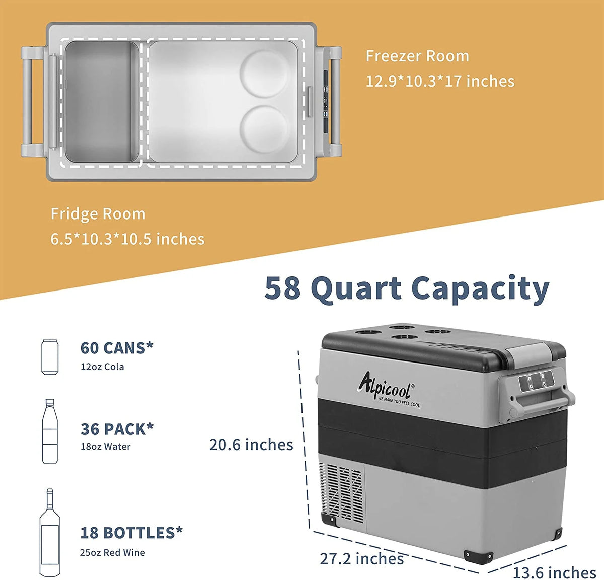 Alpicool CF55 Portable Refrigerator 12 Volt Car Freezer 58 Quart(55 Liter) Vehicle, Car, Truck, RV, Boat, Mini fridge freezer for Driving, Travel, Fishing, Outdoor -4F to 68F