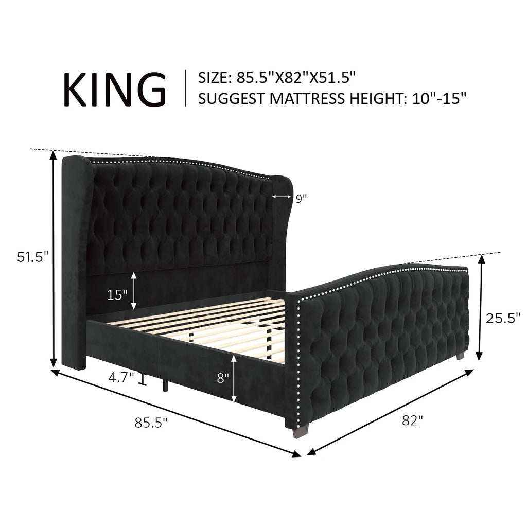 VANACC Queen Size Bed Frame, Velvet Upholstered Bed with Deep Button Tufted Wingback Headboard Grey