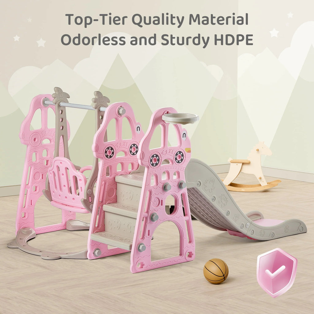 DUKE BABY 4-in-1 Kids Swing and Slide Set for Toddler Age 1-6, Extra Large Baby Indoor Outdoor Activity Playground with Basketball Hoop and Climber Pink
