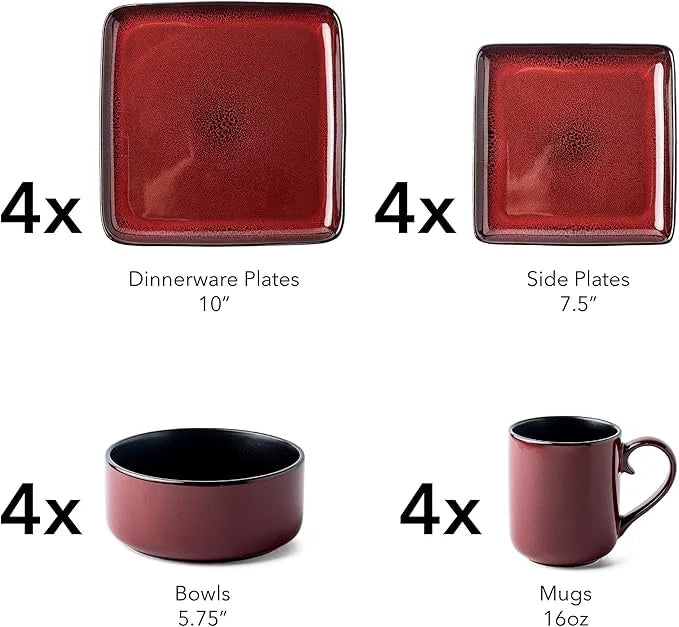 Square Stoneware 16pc Dinnerware Set for 4, Dinner Plates, Side Plates, Cereal Bowls, Mugs - Reactive Glaze Red