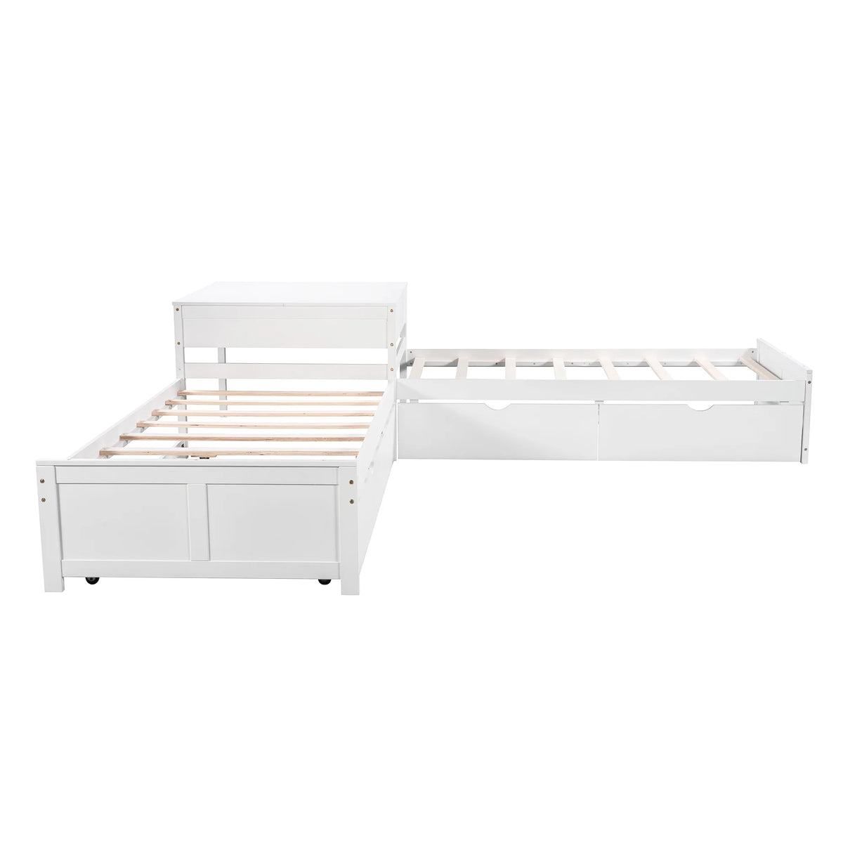 Euroco Wood Twin Size L-Shaped Platform Bed with Square Storage Table for Kids Teens, 2 Platform Beds with Trundle and Drawers for Living Room, 3 Twin Beds, Gray