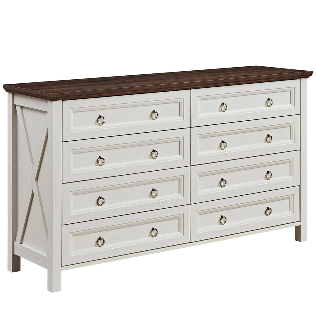 HIUU Farmhouse 8 Drawers Dresser,54 Inch Wide Rustic Wood Dressers & Chest of Drawers for Living Room, Bedroom, Hallway, Closet, Office, Antique White