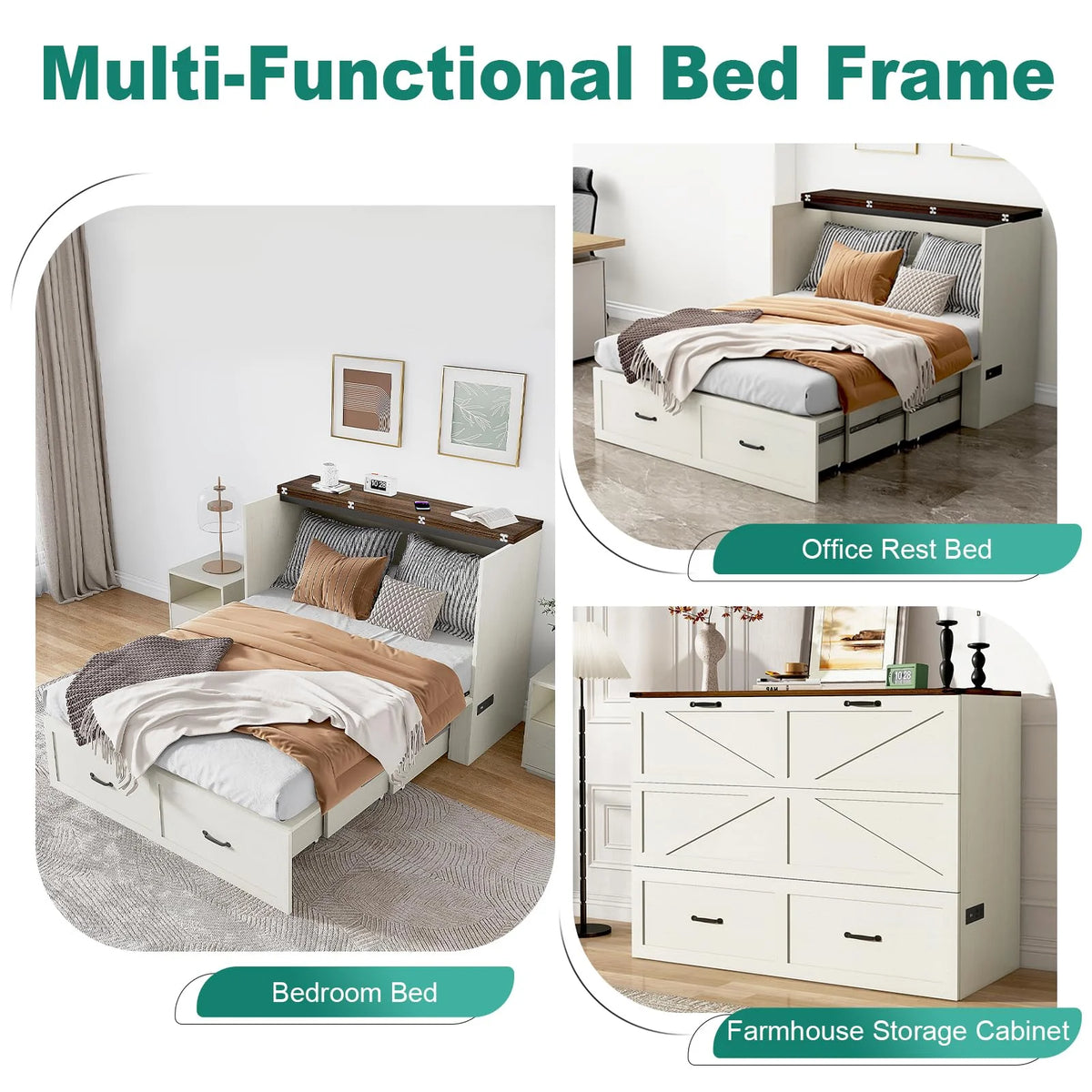 ANPOO Full Size Murphy Chest Bed with Drawer and Power Outlets, Farmhouse Wood Hidden Folding Bed Chest w/2 Storage Drawers, Multifunctional Storage Cabinet Bed for Bedroom,White