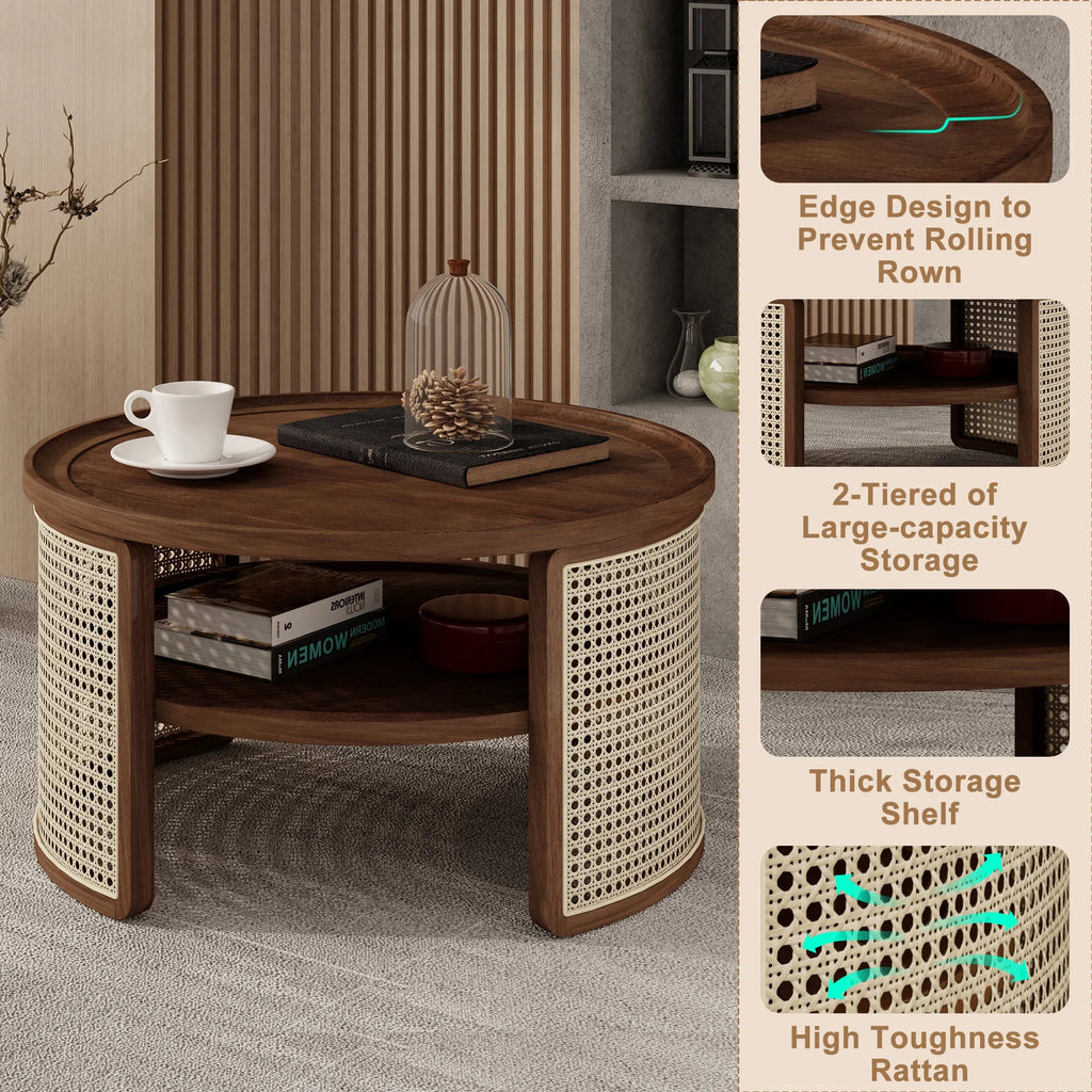 Harper & Bright Designs Rattan Round Coffee Table with Storage Shelf, Round Cane Wood Center Table for Living Room, 37'' Brown