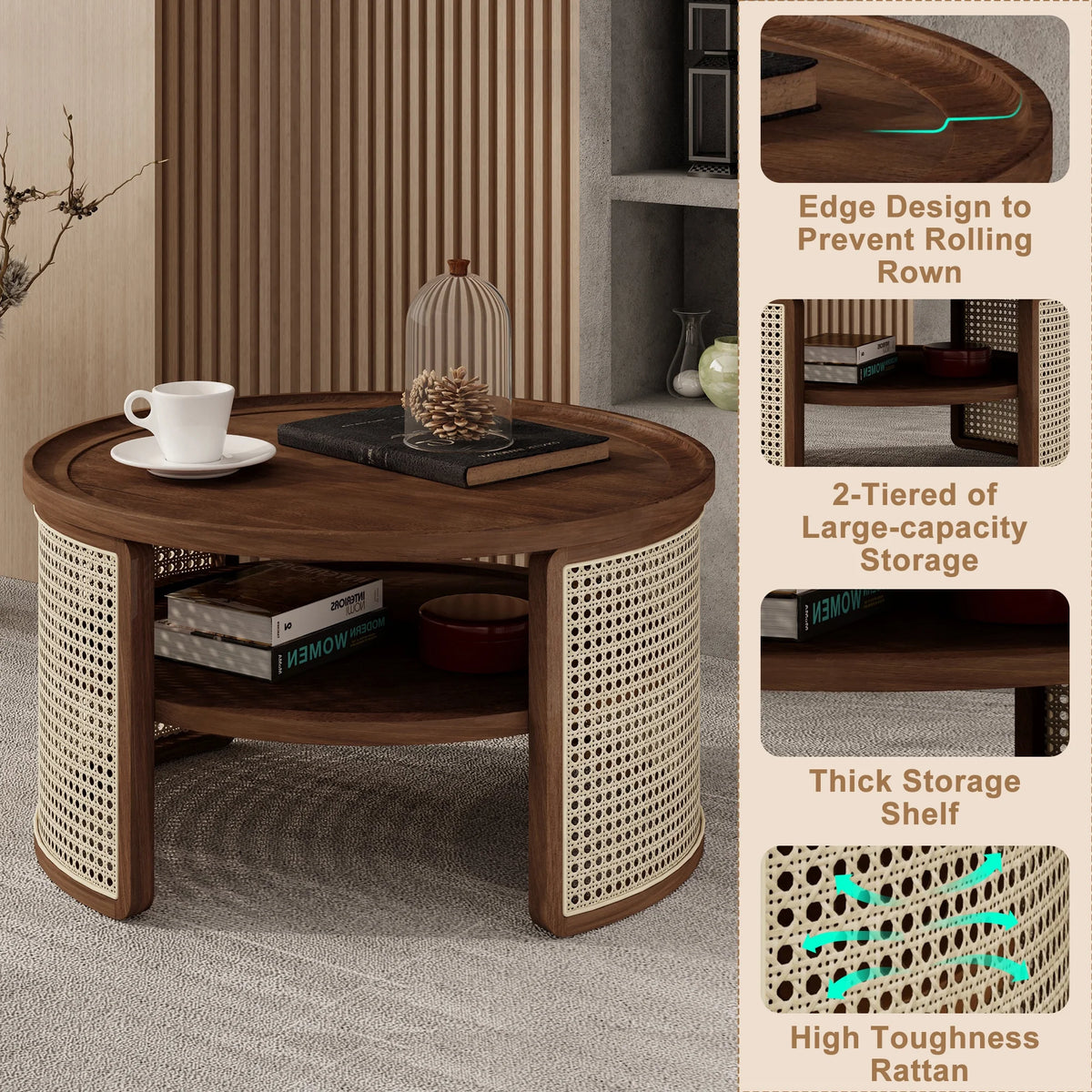 Harper & Bright Designs Rattan Round Coffee Table with Storage Shelf, Round Cane Wood Center Table for Living Room, 37'' Brown