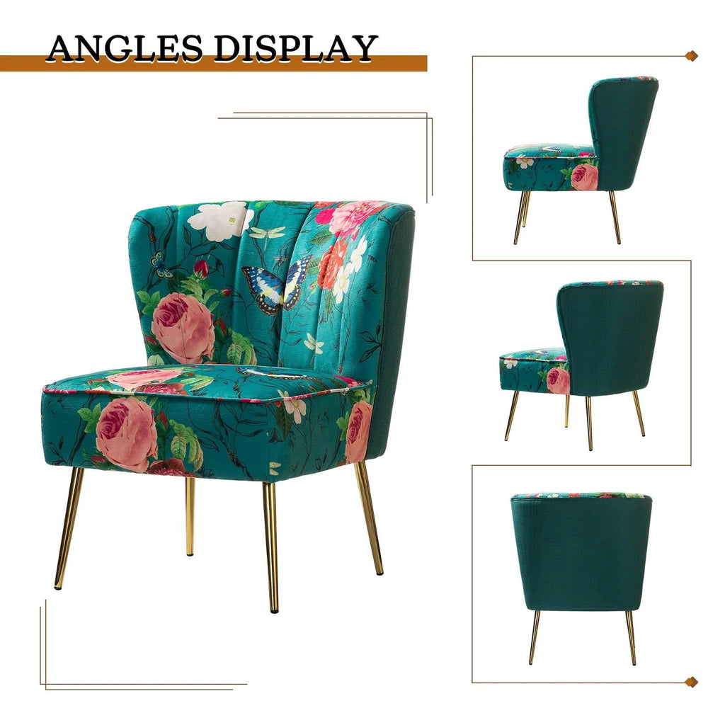 14 Karat Home Modern Floral Accent Armless Side Chair Metal Base Tufted Back Adult Bedroom Blue