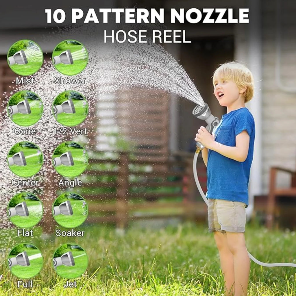 Gewna 1/2 in x 100 ft Retractable Wall Mounted Garden Hose Reel with 10 Pattern Nozzle, Any Length Lock, Slow Return System, 180 Swivel Bracket