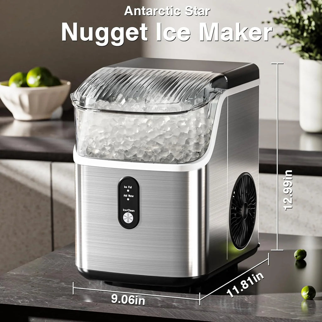 Nugget Ice Makers Countertop, Pebble Ice Machine with Chewable Pellet Ice, 34Lbs/24H, Self-Cleaning, Sonic Ice, One-Click Operation, for Kitchen,Office Stainless Steel Silver