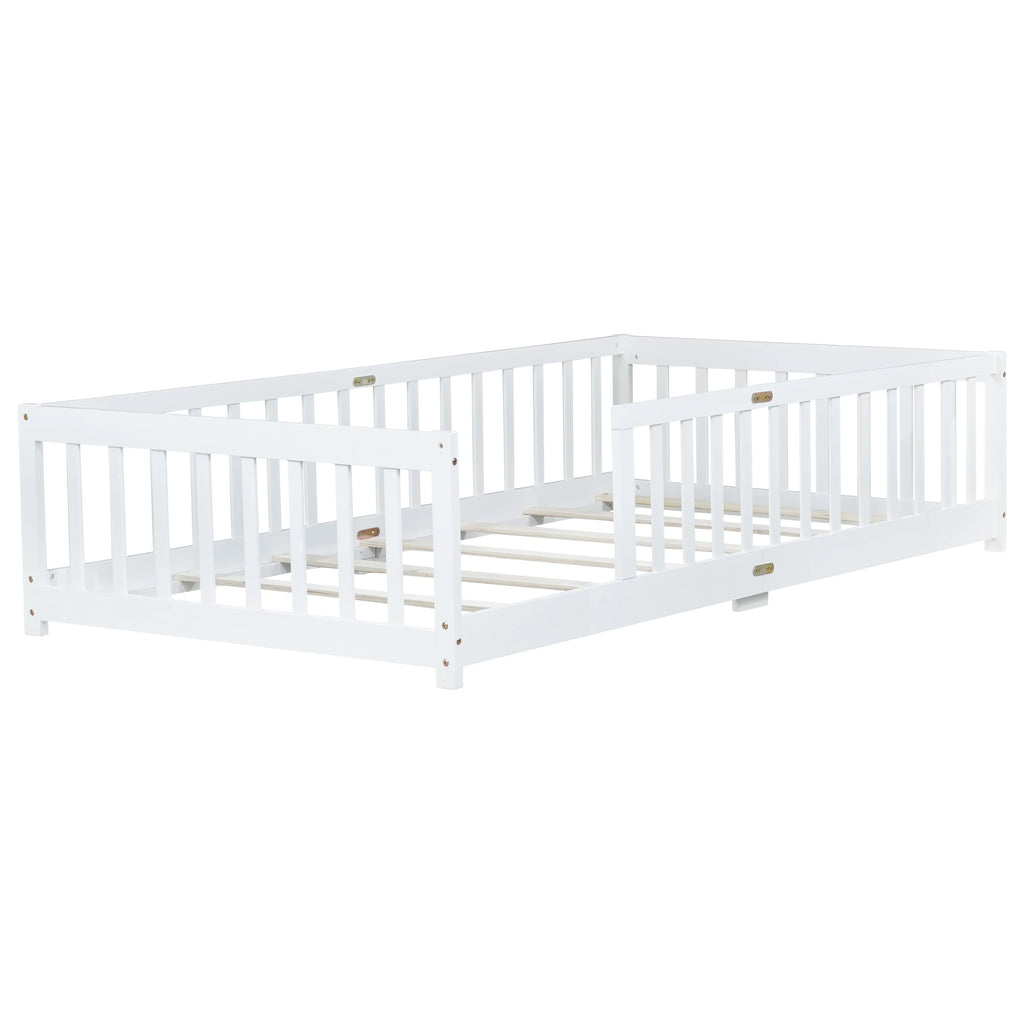 Miniyam Wooden Twin Size Floor Bed with Safety Fence for Kids, Natural