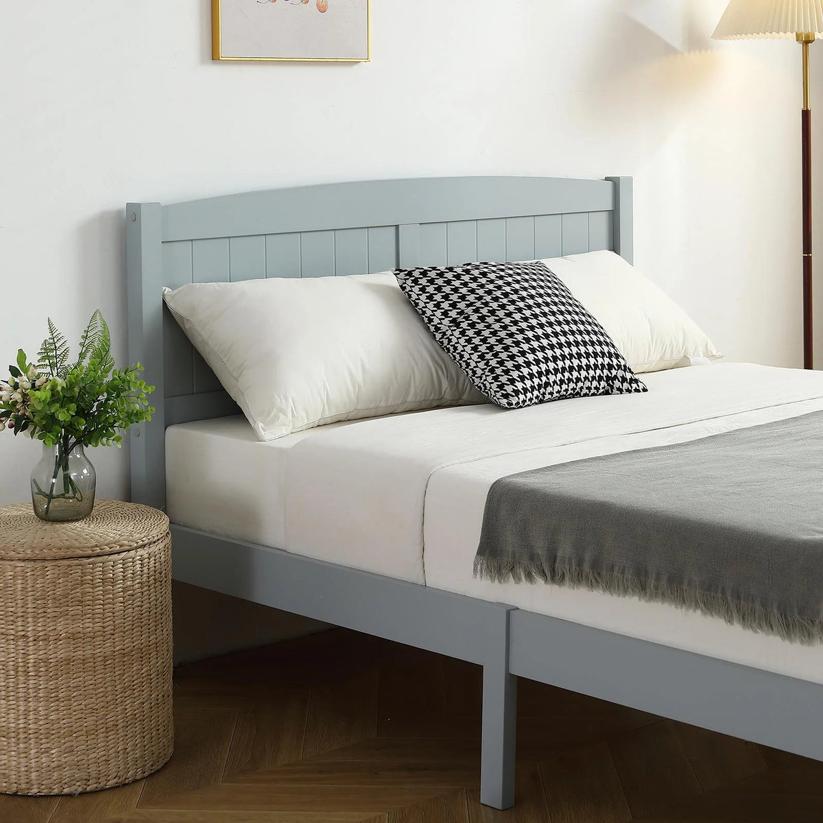 Ktaxon Deluxe Wood Platform Bed with Headboard, Teen Bed Gray,Twin