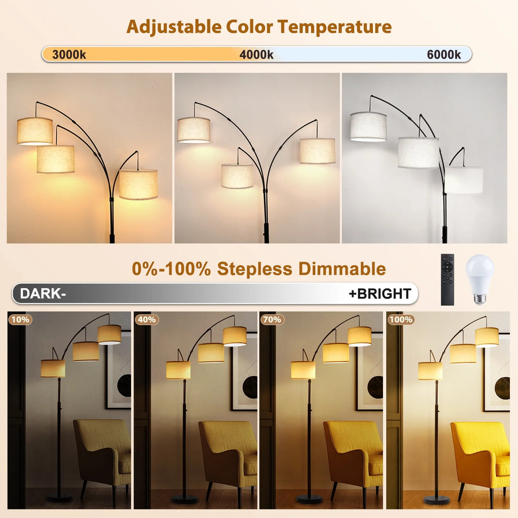 Netin 80 3-Light Modern Dimmable Black Arc Floor Lamp with Beige Shades