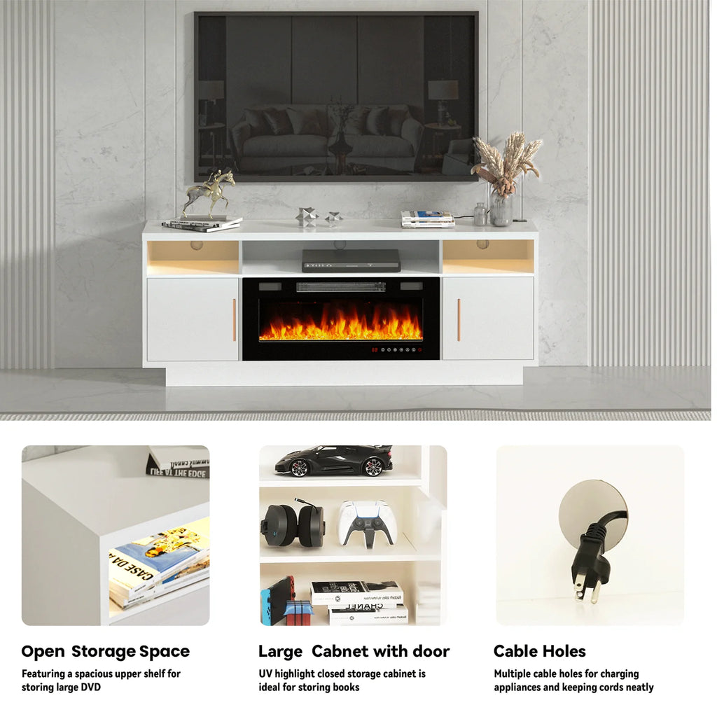 BREEZEHEAT Electric Fireplace TV Stand-70 inch TV Stand with 36" Electric Fireplace-Living Room Tv Cabinet with Storage for TVs Up to 80"-Led Entertainment Center Modern Media Console (Black)