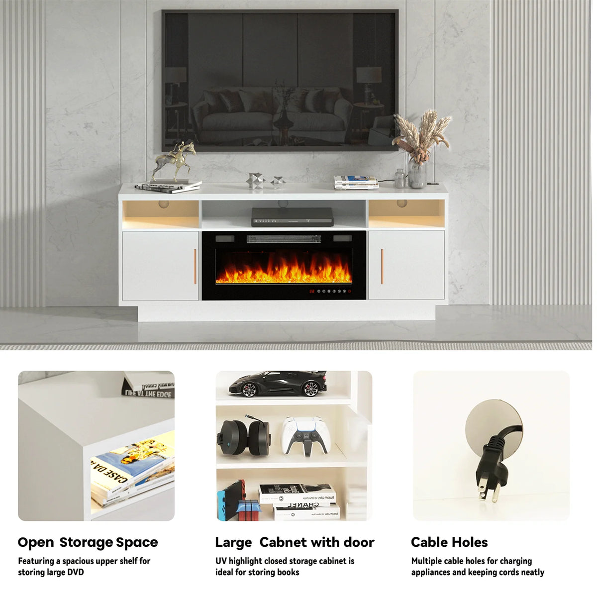BREEZEHEAT Electric Fireplace TV Stand-70 inch TV Stand with 36" Electric Fireplace-Living Room Tv Cabinet with Storage for TVs Up to 80"-Led Entertainment Center Modern Media Console (Black)