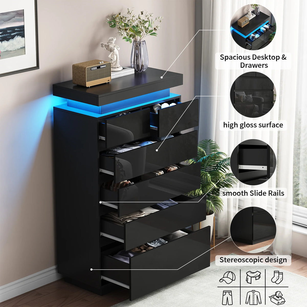 NEGYLIM 6 Drawer White Dresser, High Gloss Dresser with LED Light for Bedroom, Living Room, Hallway, Easy Assembly