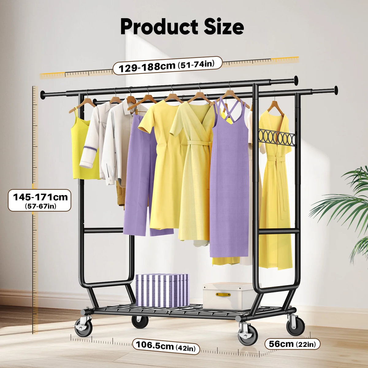 HOKEEPER 700 lbs Commercial Grade Heavy Duty Garment Rack with Shelves Collapsible Clothing Racks on Wheels Rolling Clothes Rack for Hanging Clothes Portable Adjustable, Chrome Finish