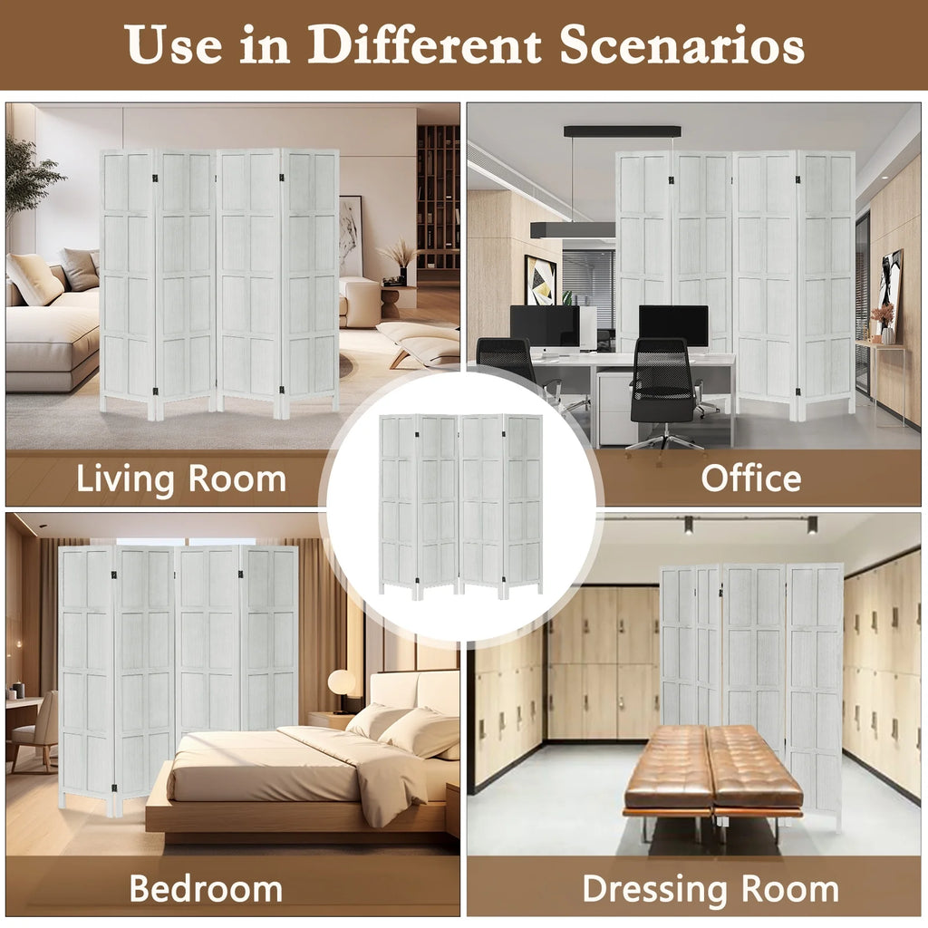 Aletheiawu 4 Panel Room Divider Wall and Folding Privacy Screens No Installation Required White