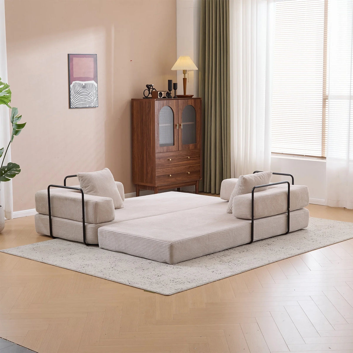 Taicans Convertible Floor Sofa Bed - 3 Seats Foldable Corduroy Futon Couch w/Pillow Support,Space-Saving Guest Bed for Living Room,Dorm,No Assembly Compressible Foam Mattress (Gray,76.7Inch L)