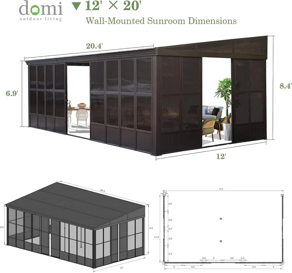 Domi Outdoor Living 10' x 12' Hardtop Lean-to Gazebo, Wall-Mounted with Galvanized Steel Roof Wall Pergola with Aluminum Frame, Curtains and Netting, for Patio, Deck, Garden, Backyard