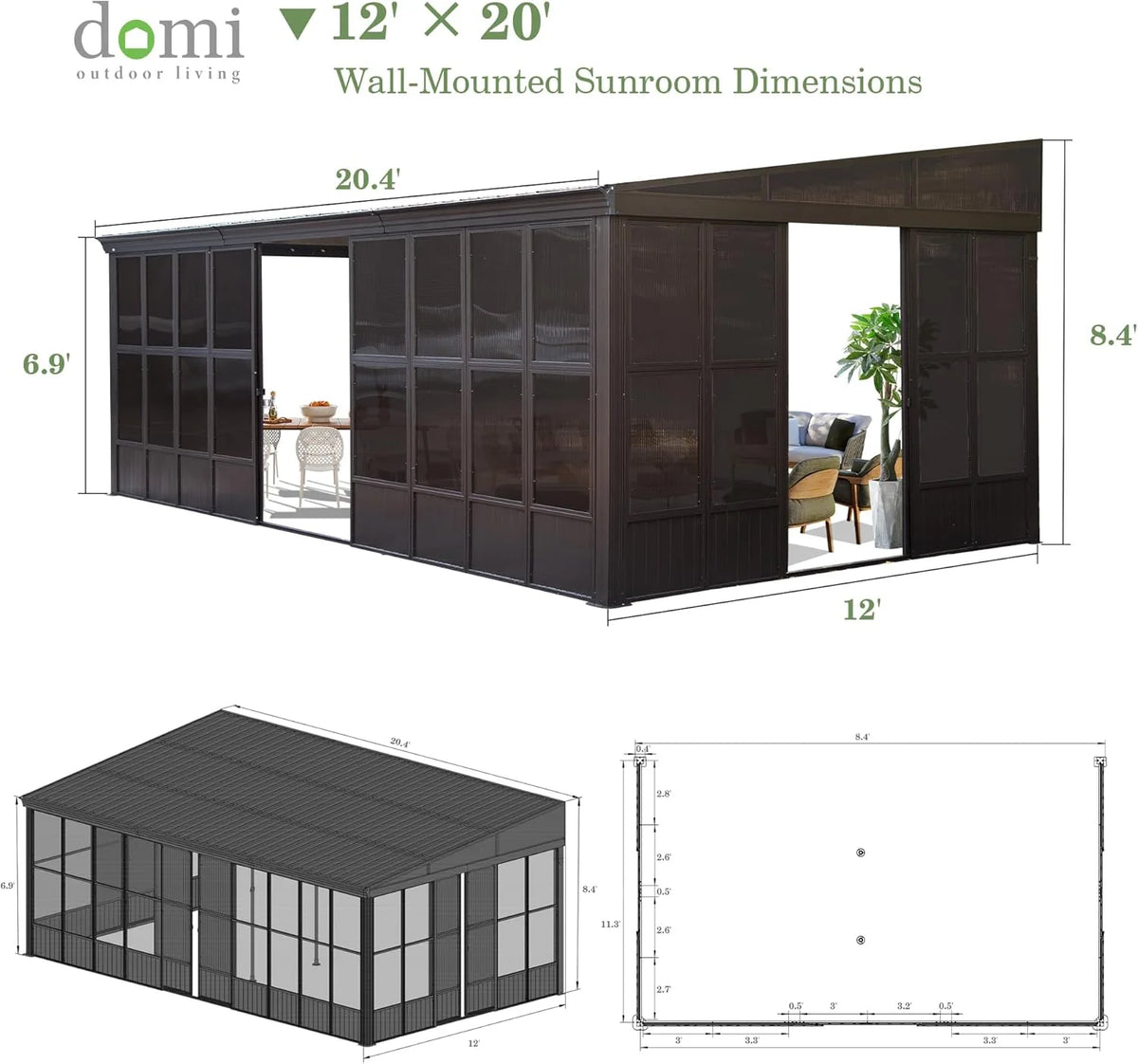TOTAL Outdoor 10'x12' All-Season Sunroom Gazebo with Steel Roof, PVC Screen, Front & Side Door, Brown