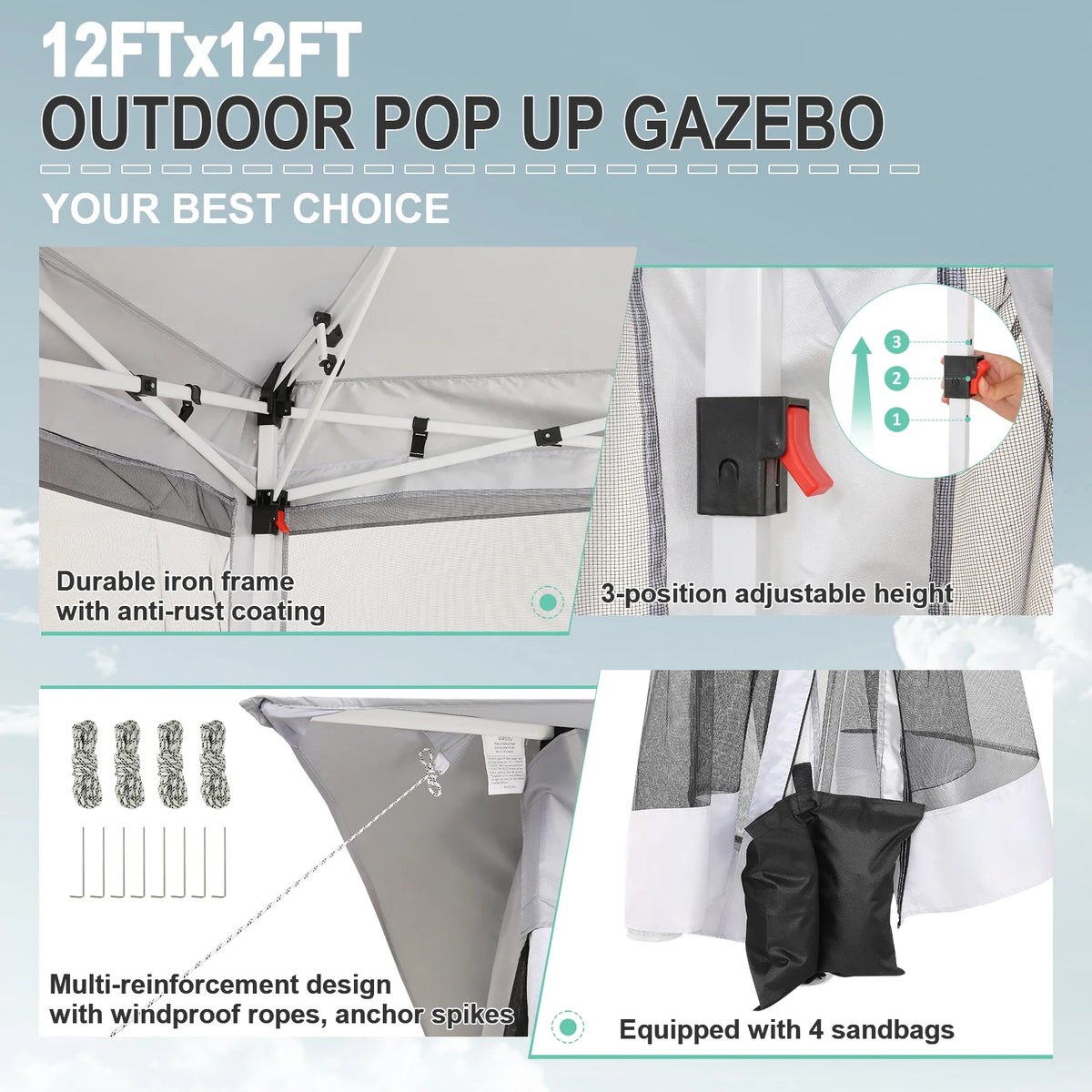 HOTEEL 11x11 Outdoor Waterproof Gazebo, Pop up Canopy Gazebo with Mosquito Netting & UV Protection for Parties, Camping, Weddings, and Backyard Events, Gray
