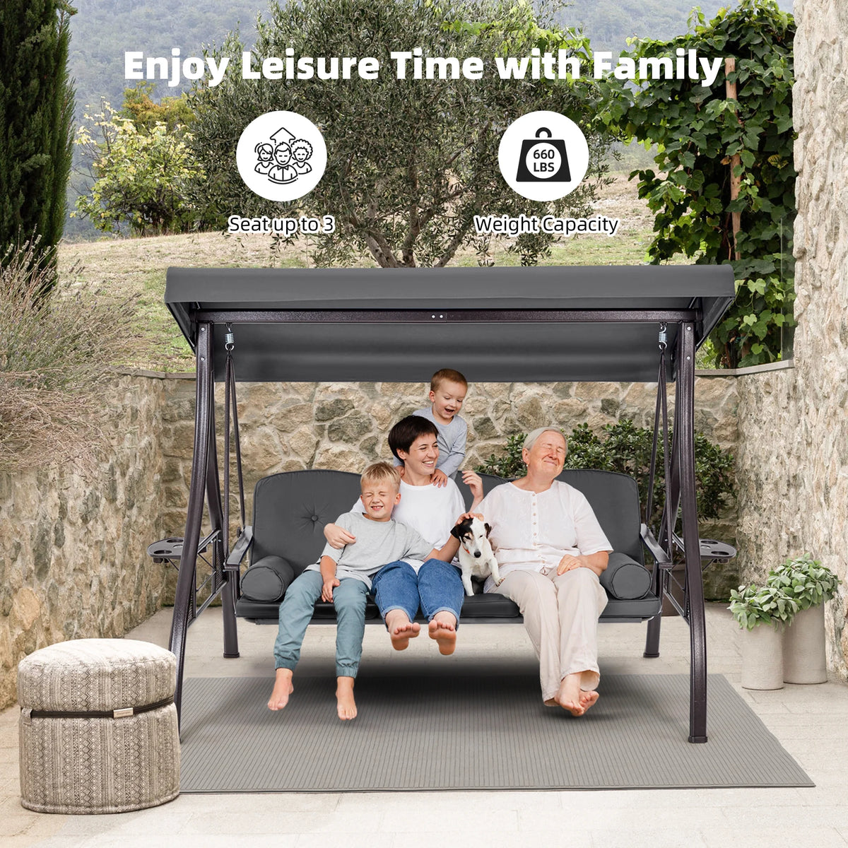 Homrest 3 Person Patio Outdoor Porch Swing with Adjustable Canopy, Backrest, Swing Bed with Stand for Garden,Deck