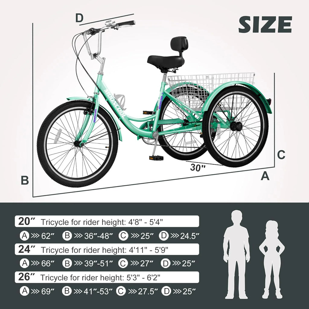 FICISOG 7 Speed Adult Tricycle for Women, 20/24/26 Inch Adult Trike with Basket, 3 Wheel Bikes for Adults Seniors, Cruise Trike for Shopping Picnic