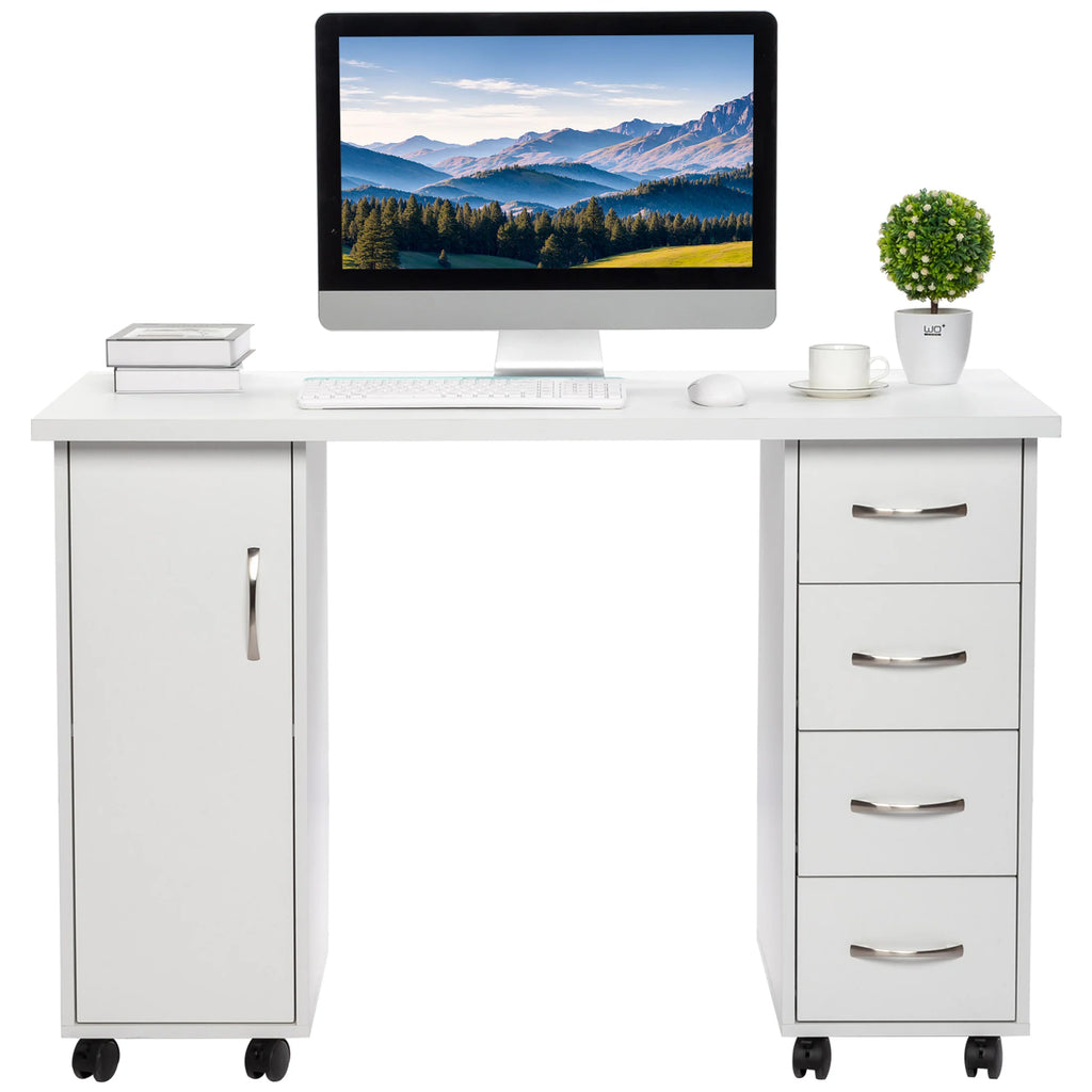 Sesslife White Computer Desk, Writing Desk with Lockable Wheels Modern Wood Study Desk with 4 Drawers for Home Office Workstation