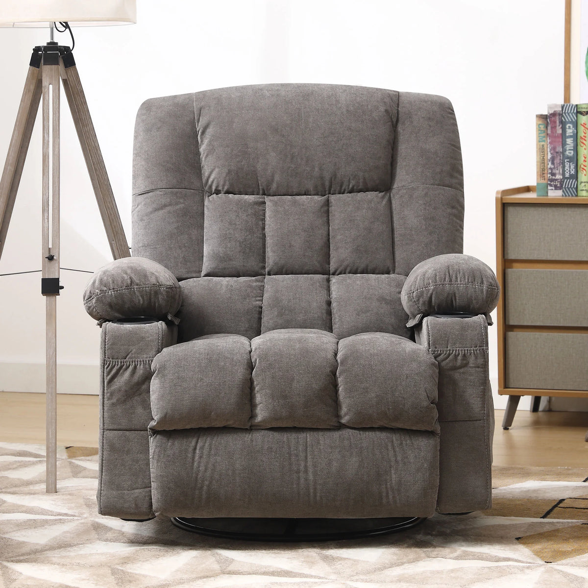 JONPONY Massage Swivel Rocker Recliner Chair with Vibration Massage and Heat Ergonomic Lounge Chair for Living Room with Rocking Function and Side Pocket, 2 Cup Holders, USB Charge Port,Grey