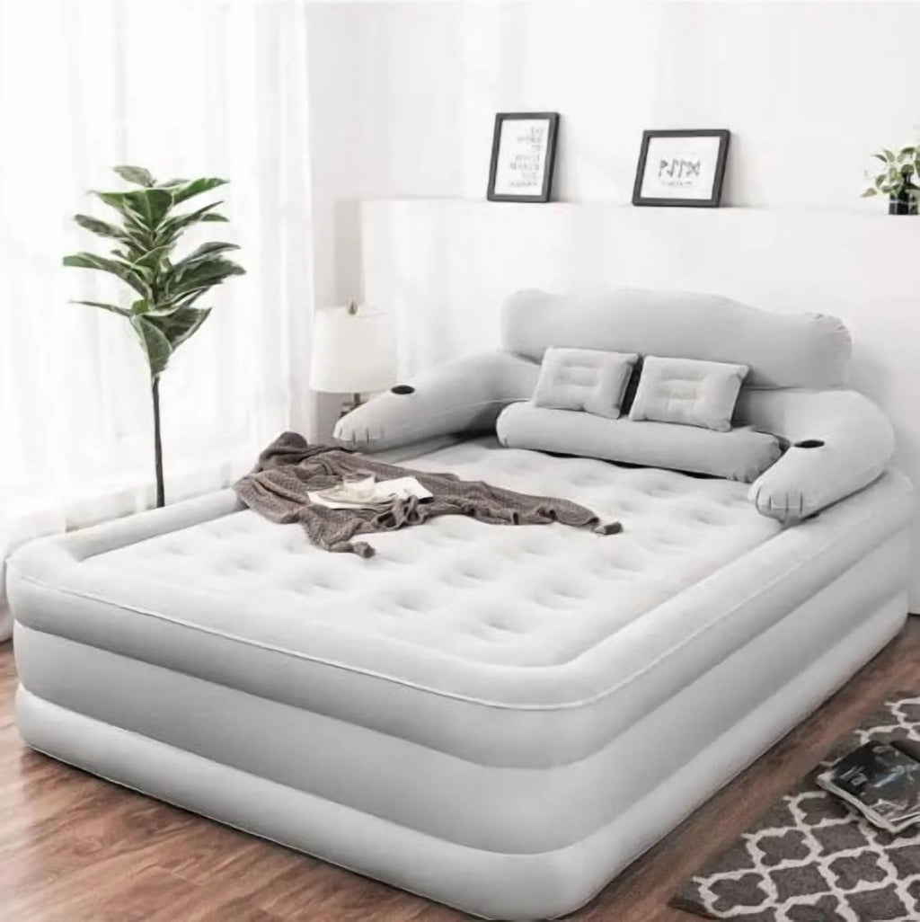 OUYI Inflatable Bed Double Leak-proof mattress with Electric Pump & Pillows Removable Backrest Multifunctional Foldable Air Sofa Guest Bed, 600lb Max(White, Queen Size)