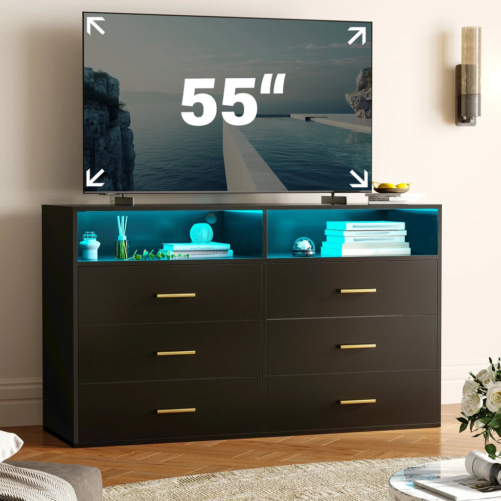 EnHomee Dresser with LED Lights Drawer Dresser with 6 Deep Drawers Wood Dresser for Bedroom TV Stand Dressers & Chests of Drawers Wide Led Dressers,Black