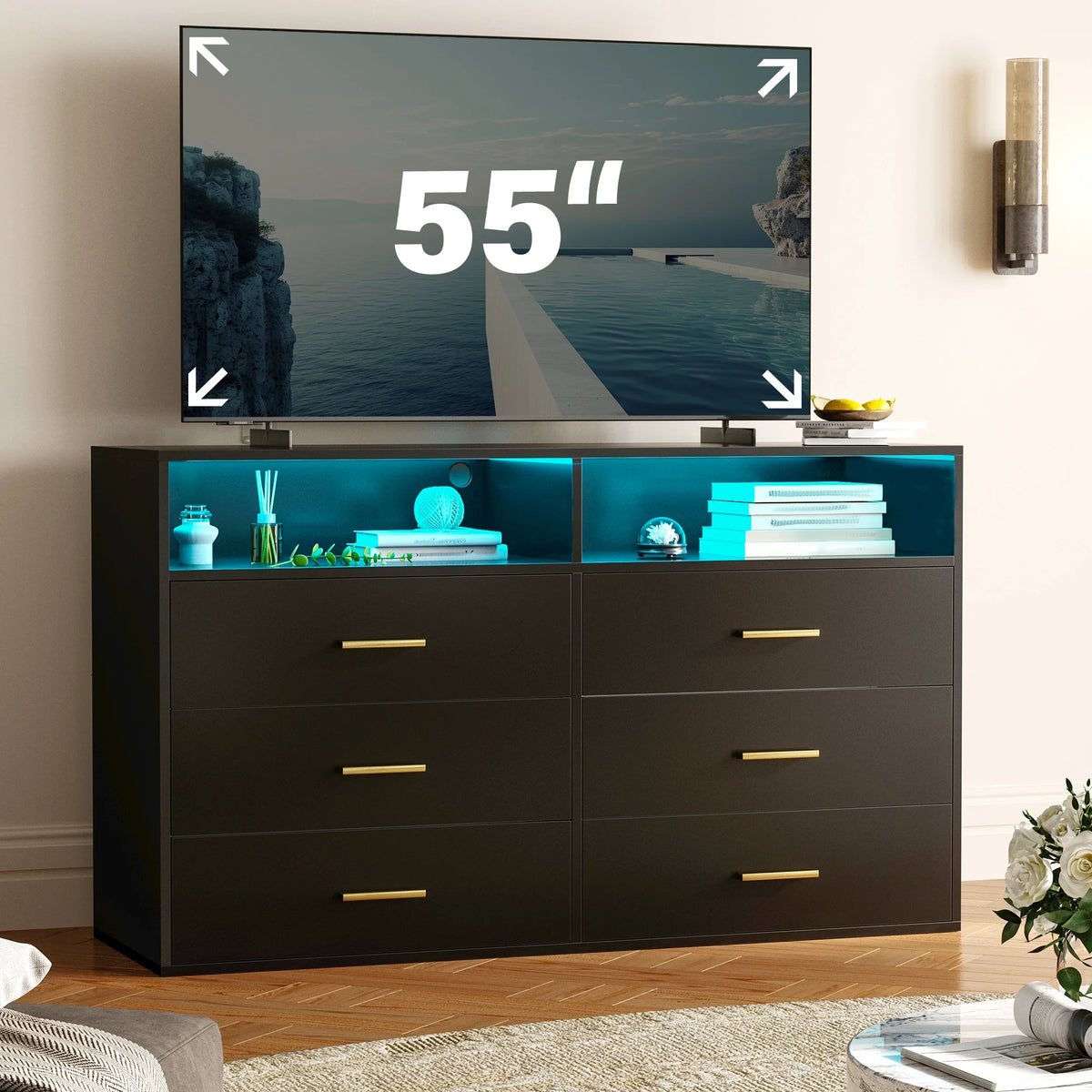 EnHomee Dresser with LED Lights Drawer Dresser with 6 Deep Drawers Wood Dresser for Bedroom TV Stand Dressers & Chests of Drawers Wide Led Dressers,Black
