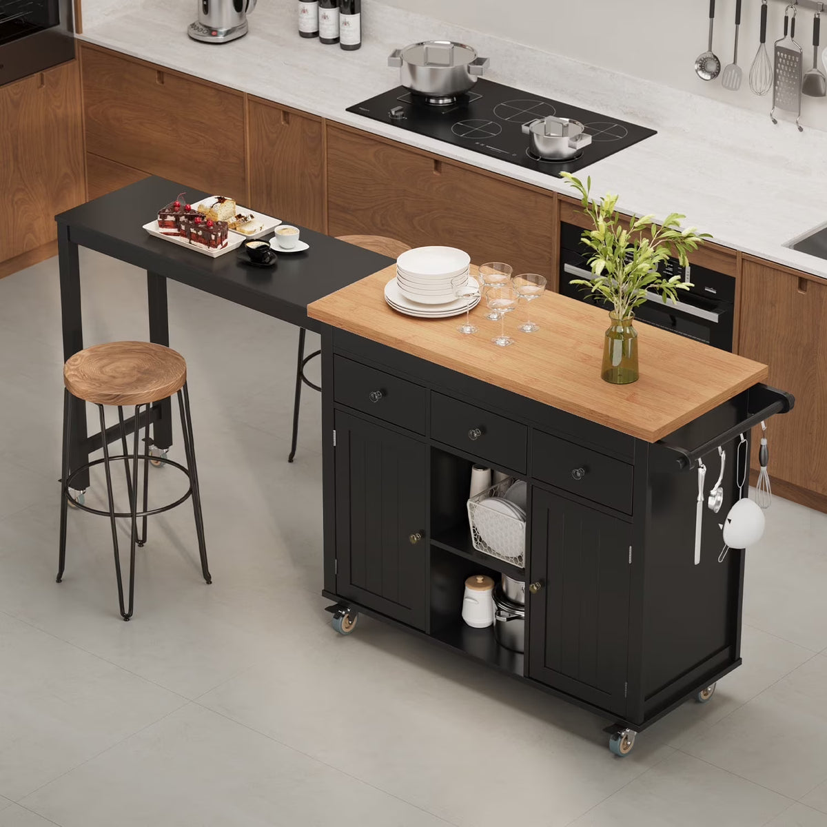 Noelse Rolling Kitchen Island with Drop Leaf Table and Hidden Trash Cabinet, Mobile Kitchen Cart with Storage Drawer, Adjustable Shelves & Rubberwood Countertop on Wheels, White