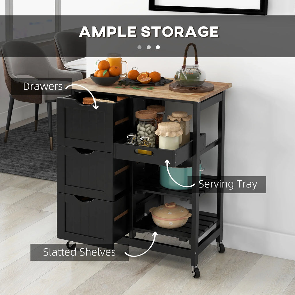 HOMCOM Rolling Kitchen Island Cart, Bar Serving Cart, Compact Trolley on Wheels with Wood Top, Shelves & Drawers for Home Dining Area, Grey