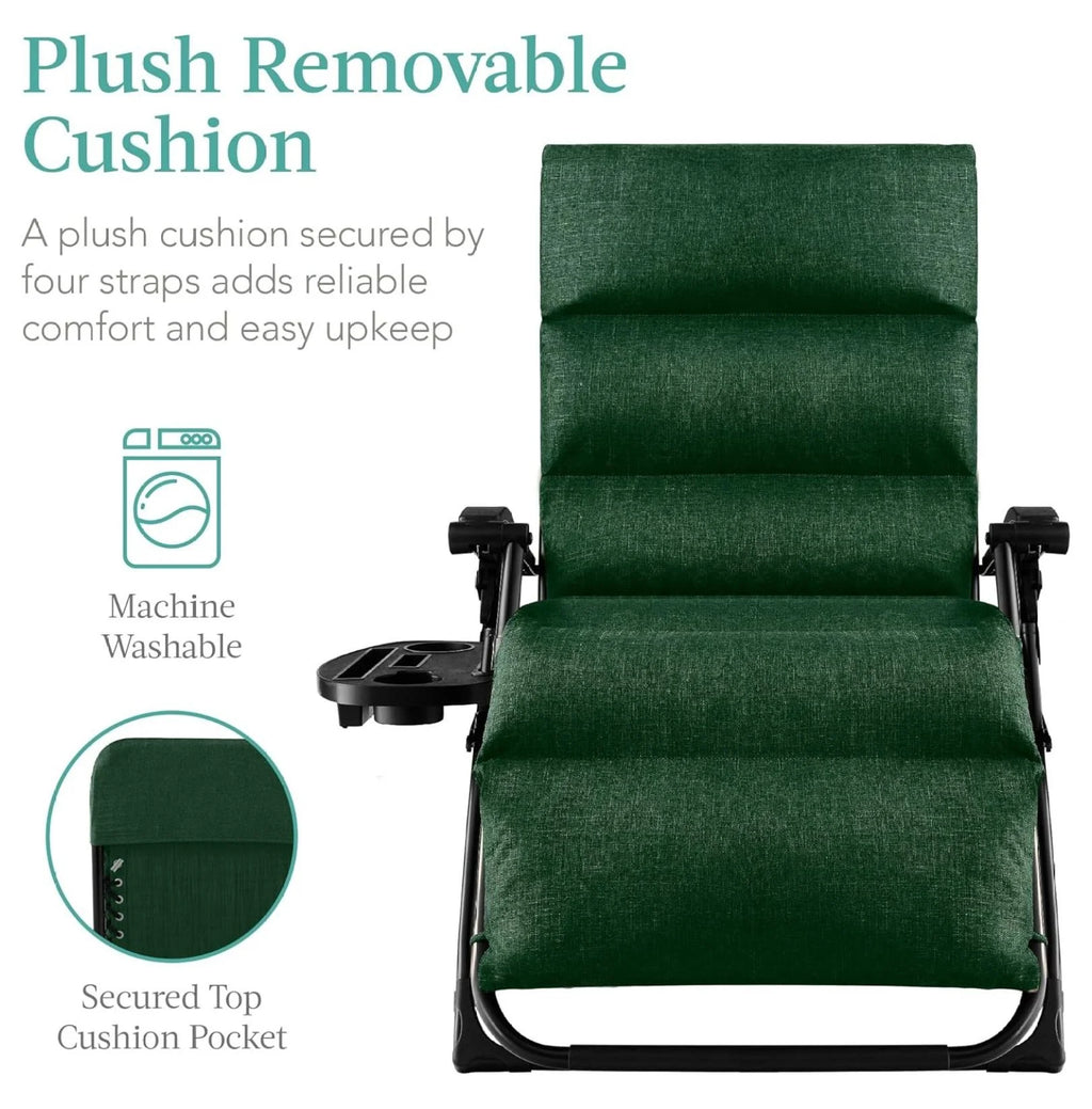 Oversized Chair, Folding Outdoor Patio Recliner, XL Anti Gravity Lounger w/Removable Cushion, Cup Holder, Side Tray, 350lb Capacity - Taupe