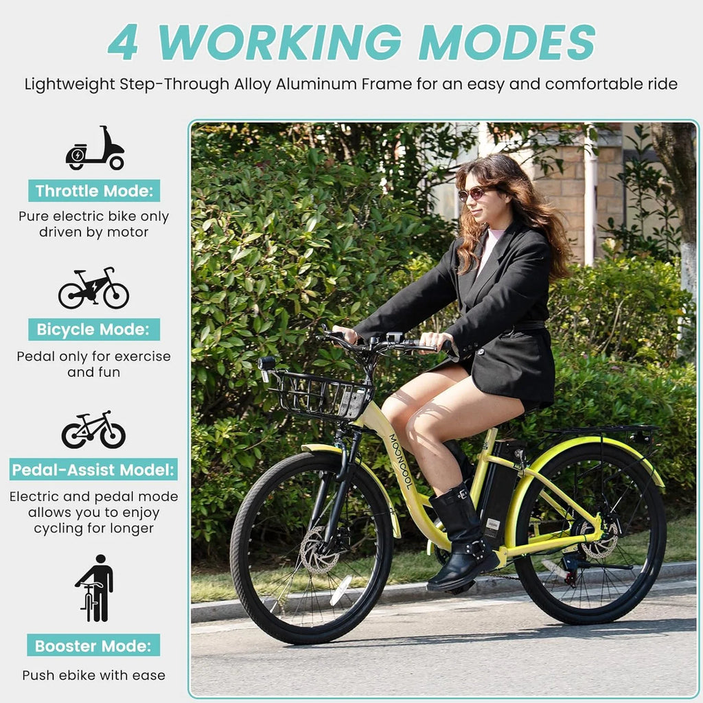 MOONCOOL Electric Bicycle for Adults 350W , 7-Speed Ebike with 36V 10.4Ah Removable Battery， 40 Miles Range , 20 mph Electric Commuter Bike for Women Men, Certified to UL 2849 by SGS