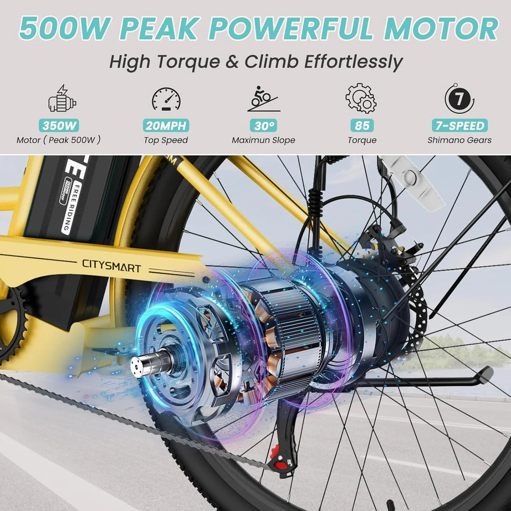MOONCOOL Electric Bicycle for Adults 350W , 7-Speed Ebike with 36V 10.4Ah Removable Battery 40 Miles Range , 20 mph Electric Commuter Bike for Women Men, Certified to UL 2849 by SGS