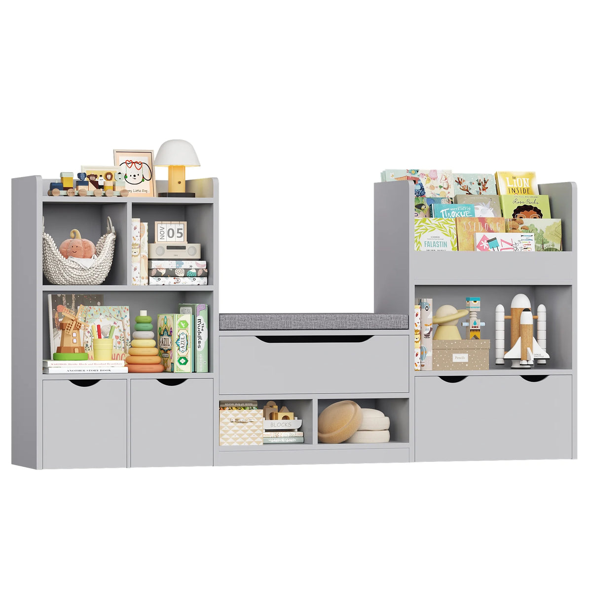 Hiphuta 72"Wide Kids Bookcase with Reading Nook and Under Bench Storage, Wooden Toy Storage Organizer & Book Rack for Kids Room, White