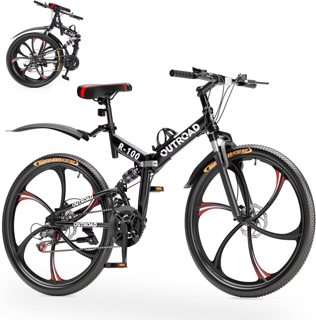 SUNCROWN 26 Inch Folding Mountain Bike, 21 Speed Full Suspension High-Carbon Steel MTB Foldable Bicycle, Dual Disc Brake Non-Slip Folding Bikes for Adults/Men/Women, Black