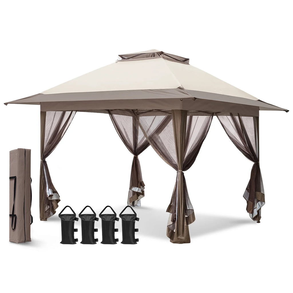 EAGLE PEAK 13' x 13' Pop-Up Gazebo Tent Instant w/Mosquito Netting，Outdoor Gazebo Canopy Easy Set-up Folding Shelter (Beige/Brown)