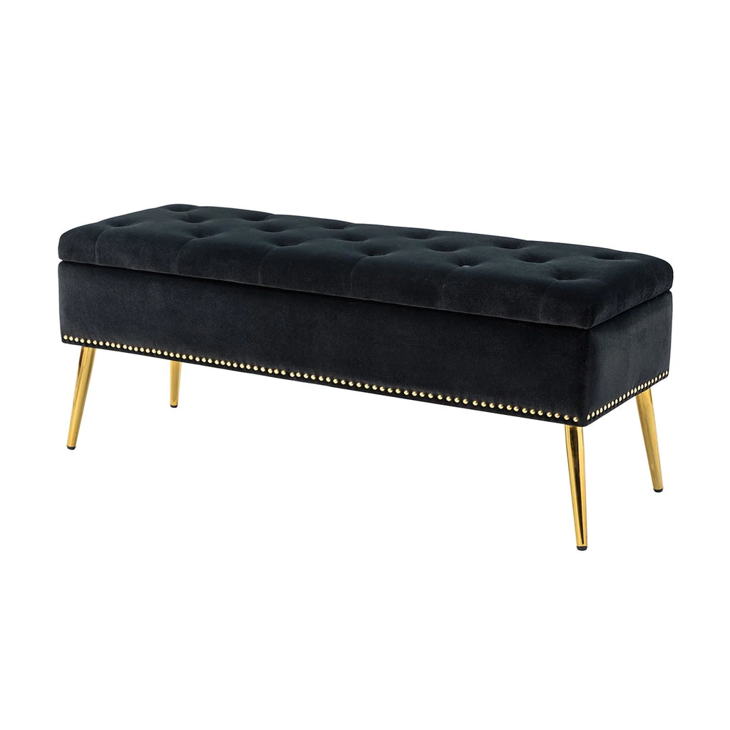 14 Karat Home Velvet Storage Ottoman Bench Gold Leg Upholstered Nailhead Trim Button Tufted Footstool Entryway Bedroom Living Room Pink