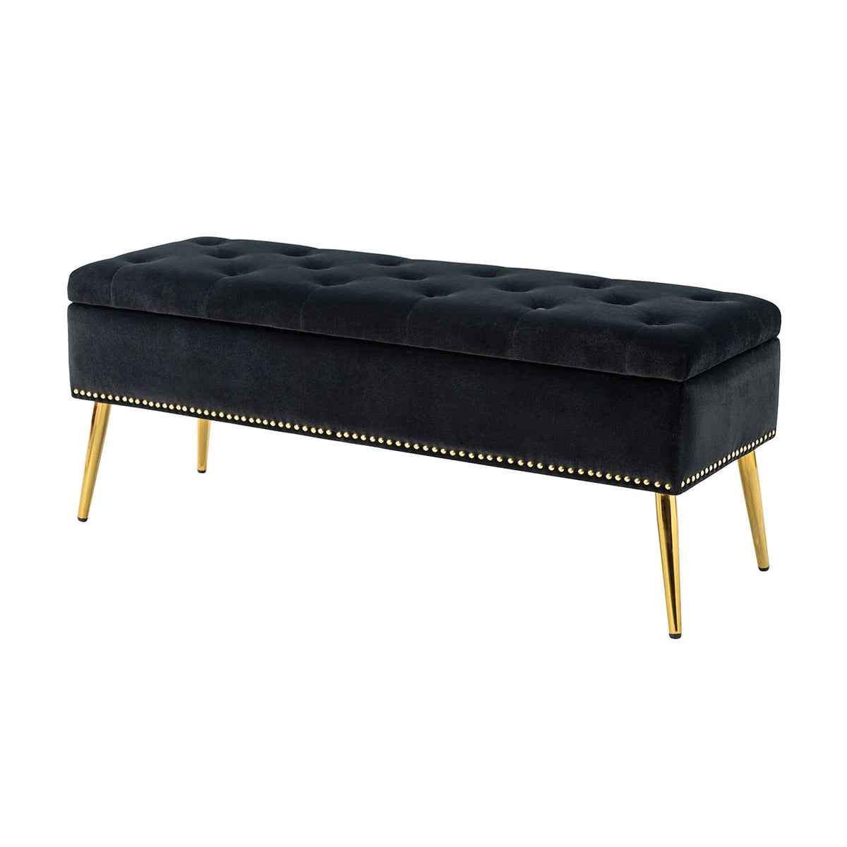 14 Karat Home Velvet Storage Ottoman Bench Gold Leg Upholstered Nailhead Trim Button Tufted Footstool Entryway Bedroom Living Room Pink