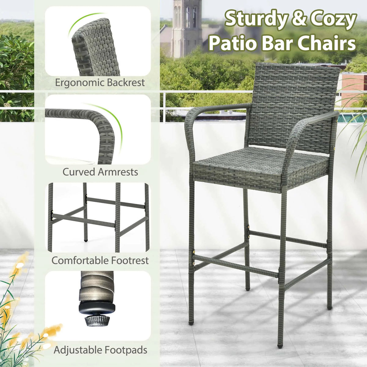 Costway Patio Wicker Barstools Set of 2 with Armrests & Soft Cushions Stable Metal Frame