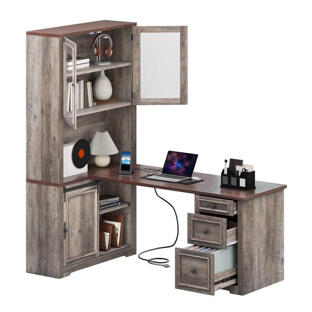 Craftian Executive Desk with Hutch, L Shape Computer Desk, Wood Office Desk with Storage Cabinet, White