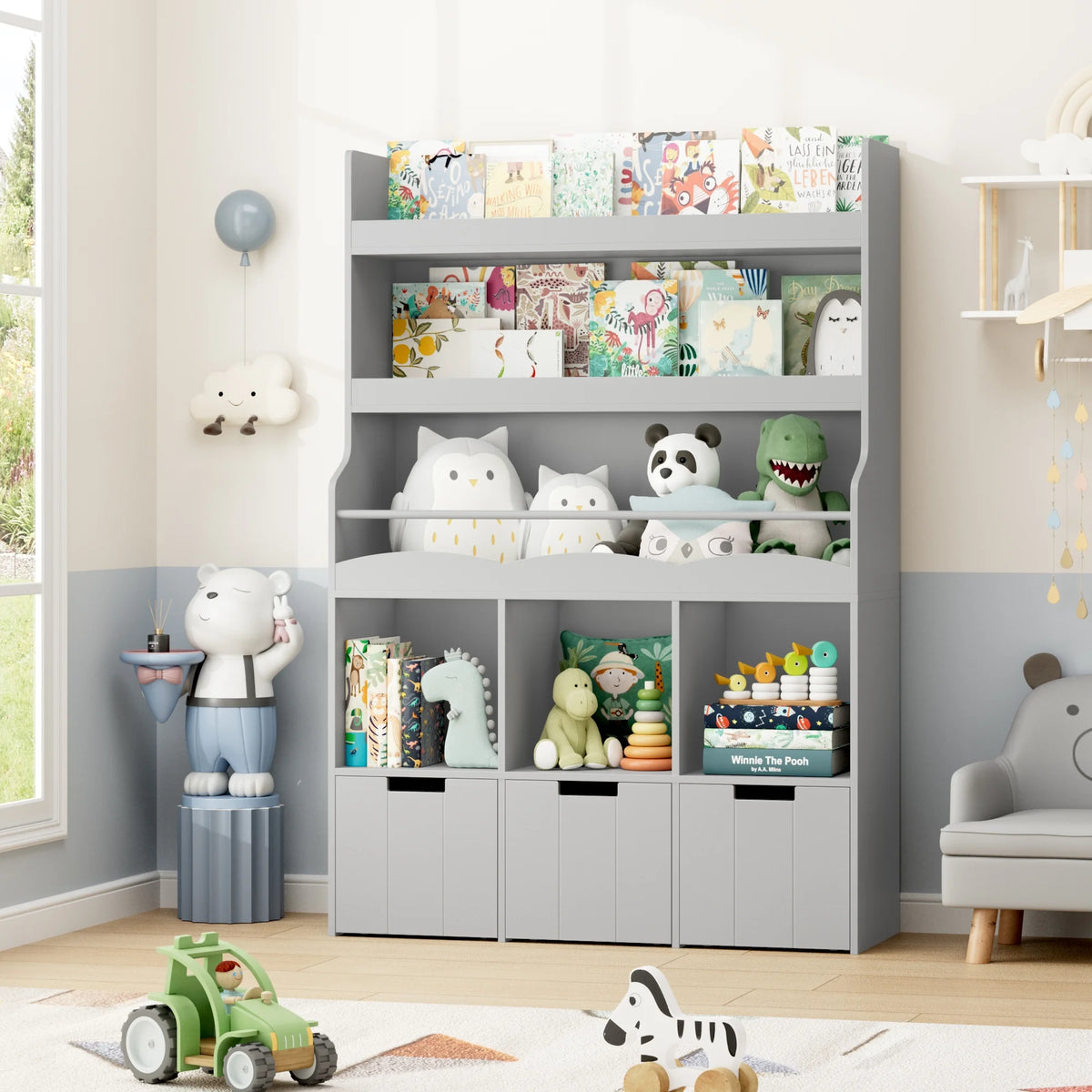 Homfa 55.5 H Kids Bookshelf with 2-Tier Book Shelves, Children Toy Organizer with 3 Cubes and Removable Drawers, White